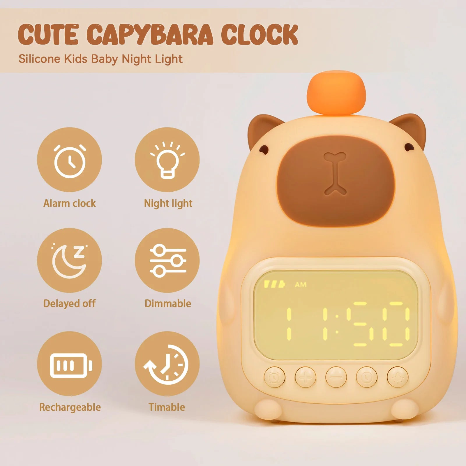 LED Night Light Capybara Lamp With Digital Aarm Clock