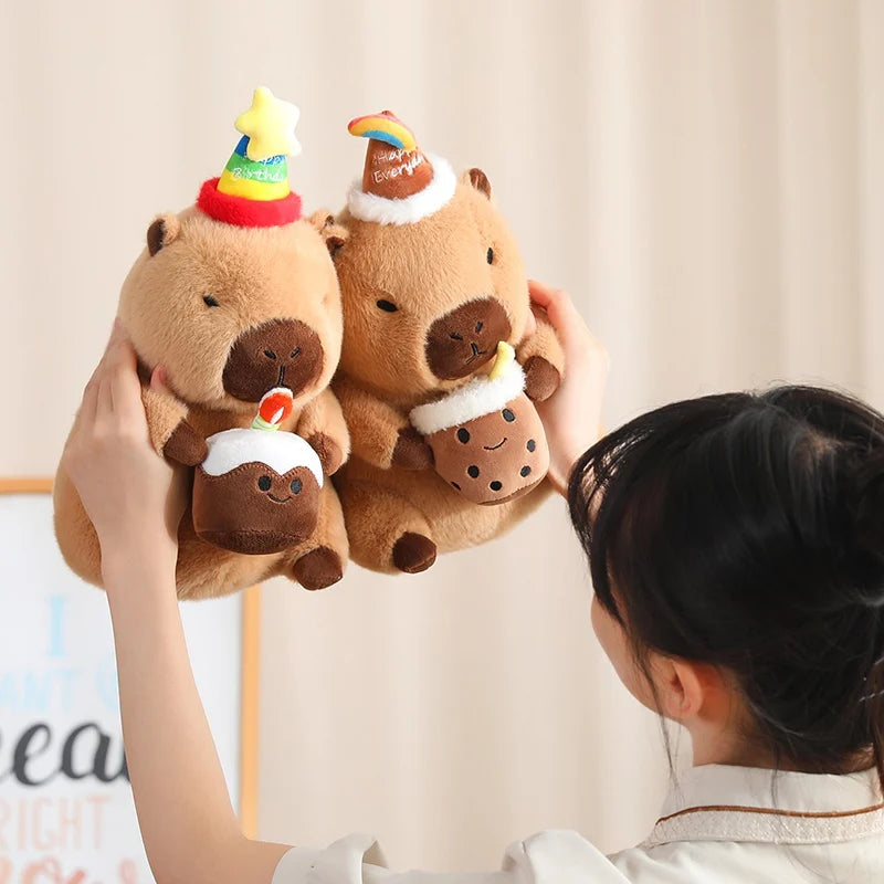 Cute Capybara With Happy Birthday Hat And Cake/Flower/Milk Tea Plush Toys 30/40cm