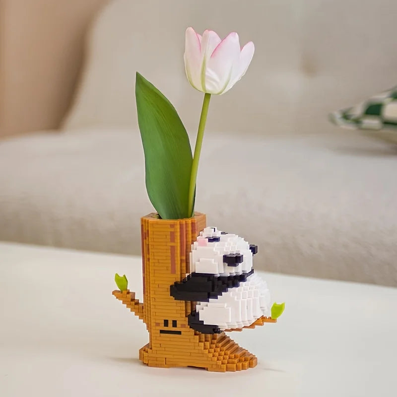 Cute Panda With Tree Pen Holder Mini Building Blocks