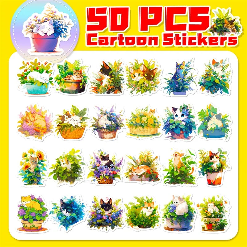 50 pcs Cute/Kawaii Cat With Plants Stickers