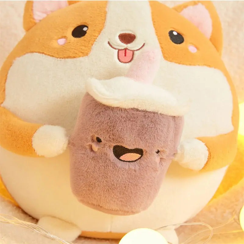 Cute Round Corgi Dog With Milk Tea Plush Toys 30cm - 2 Styles