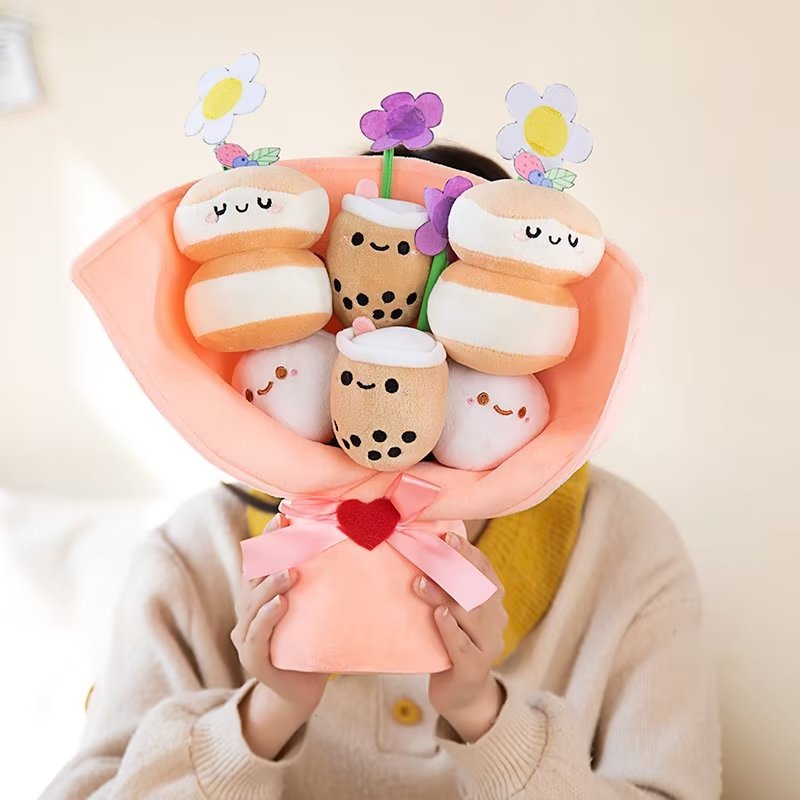 Bubble Tea With Flower Plush Bouquet