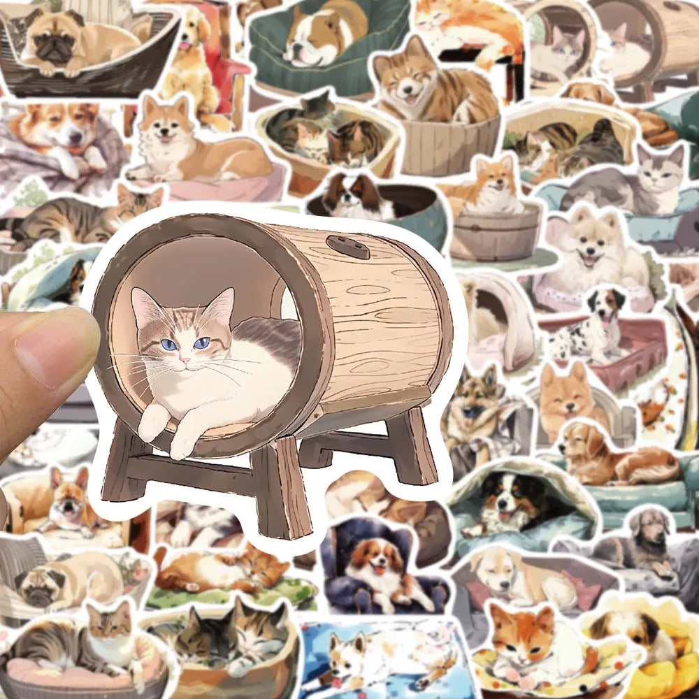 50 pcs Cute/Kawaii Dog/Cat In Bed Stickers