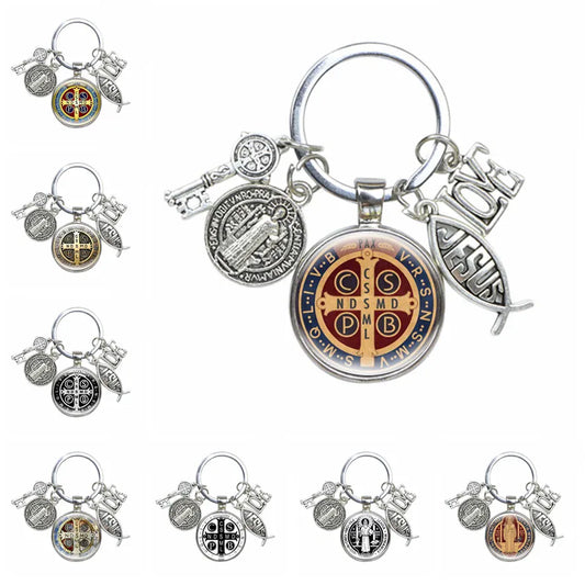 Keychain With Saint Benedict Medallion, Jesus Fish Sign and Other charms - 10 Choices