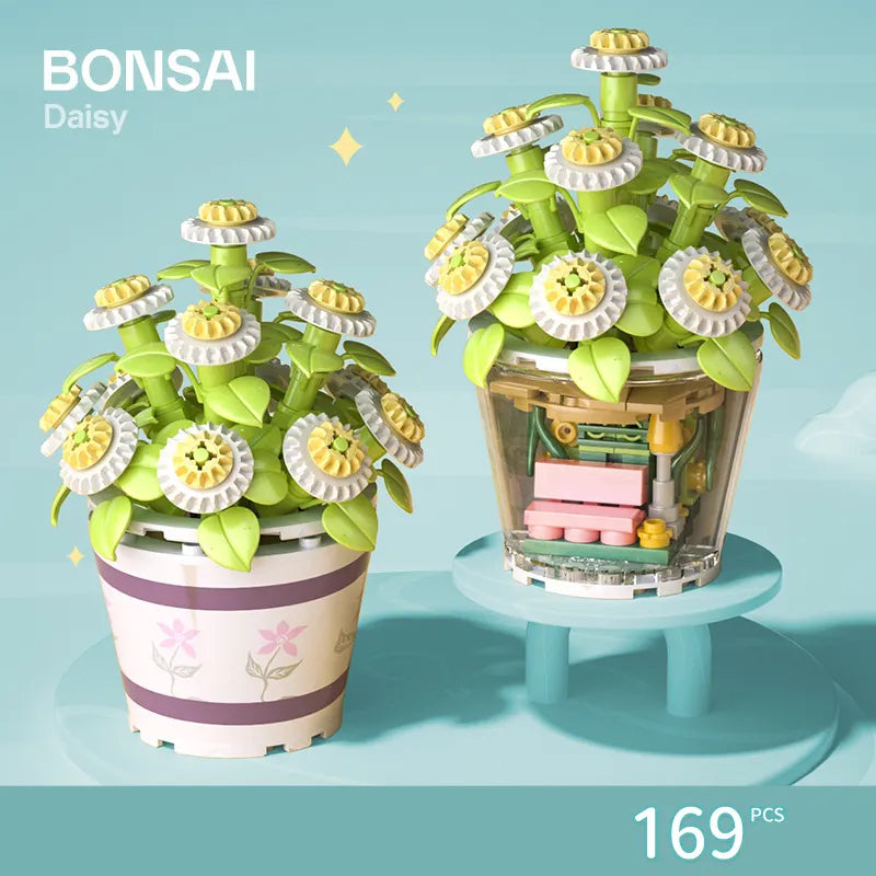 Flower Bouquet In Pot With Bonsai Style Mini Building Blocks - 10 Styles