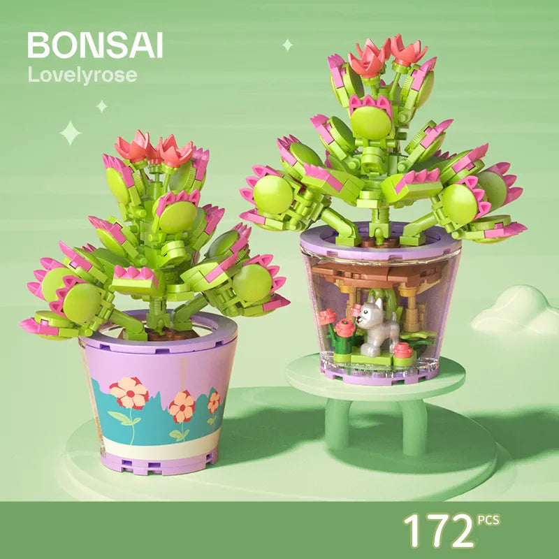 Flower Bouquet In Pot With Bonsai Style Mini Building Blocks - 10 Styles