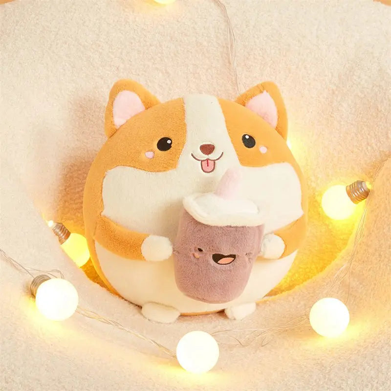 Cute Round Corgi Dog With Milk Tea Plush Toys 30cm - 2 Styles