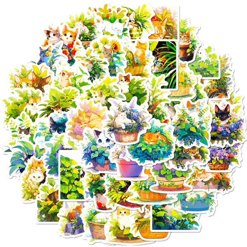 50 pcs Cute/Kawaii Cat With Plants Stickers