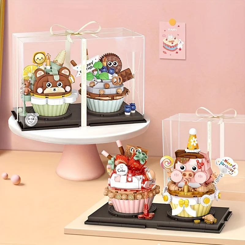 Cute Cupcake Mini Building Blocks with Happy Birthday Message - Strawberry With Pig/Chocolate With Bear