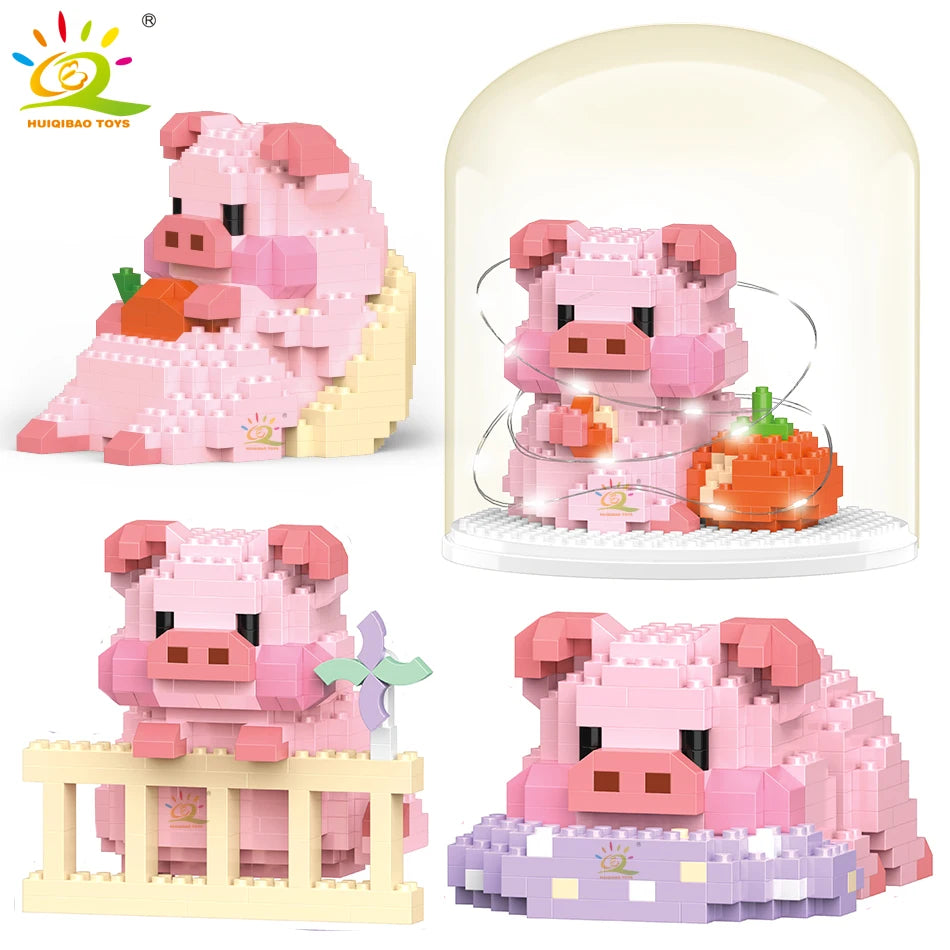 Cute Pig With/Without Clear Display And Light Set Mini Building Blocks - 12 Styles