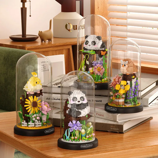 Cute Panda/Bird With Flowers And Clear Display Set Mini Building Blocks