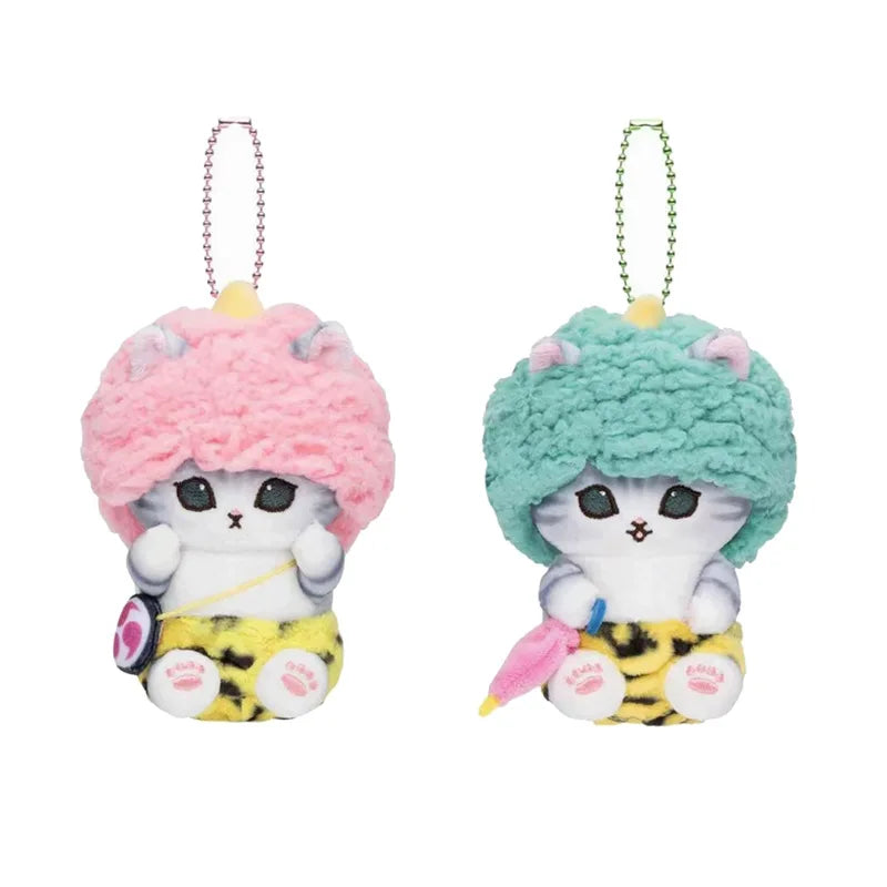 Mofusand Cat With Funny Hair Plush Keychains - PInk/Green