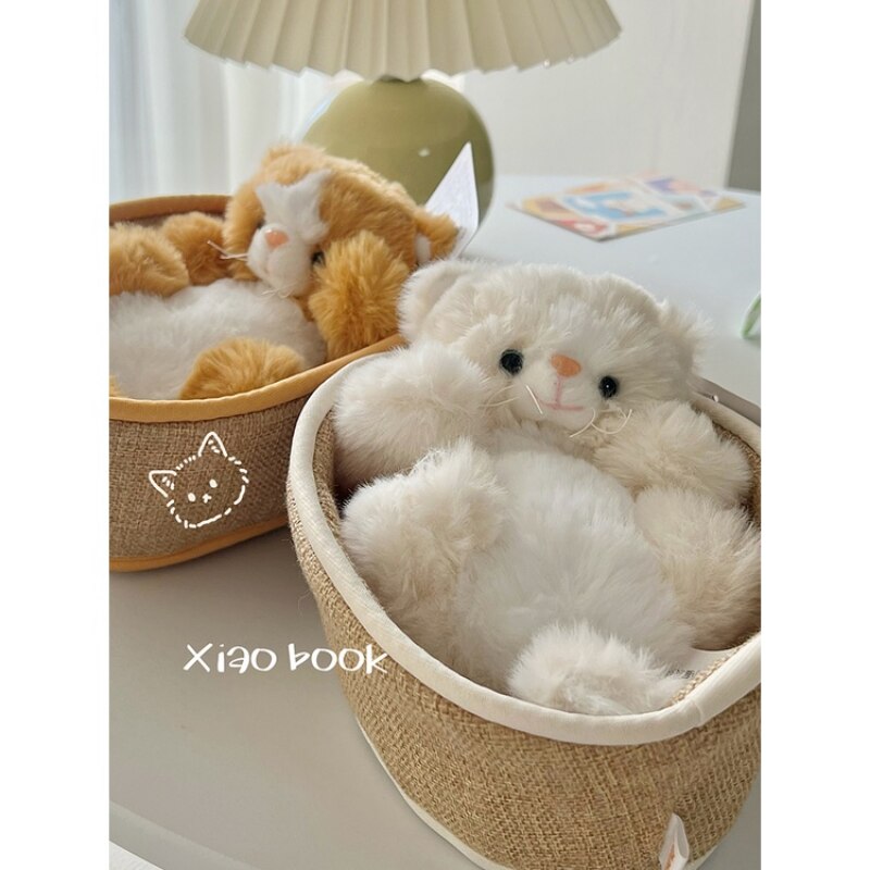 Cat/Kitten In Basket Plush Toys 21cm - Yellow/White/Grey