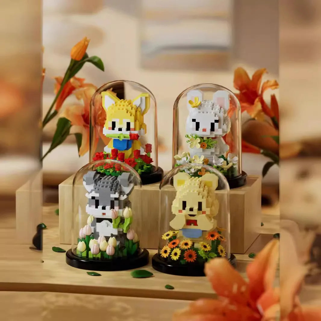 Cute Animal With Flowers and Clear Display Set Mini Building Blocks - 6 Styles