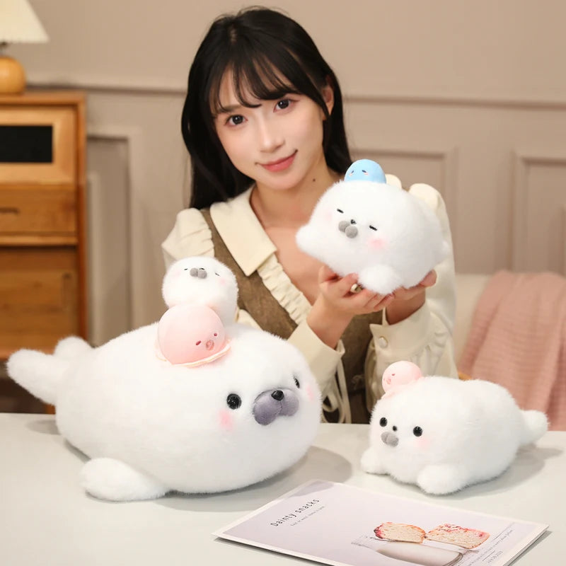 Cute White Seal Plush Toys 25/45cm Or Plush Keychains 15cm - Round/Close Eyes
