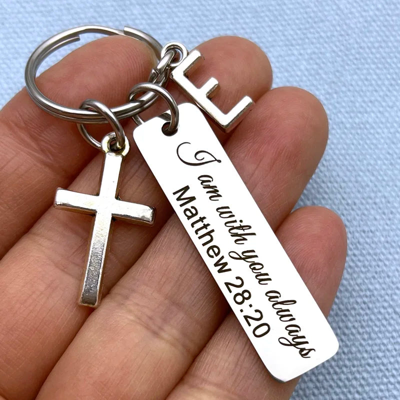 Keychain With The Bible Verse ("I am with you always" Matthew 28: 20) With Alphabet Letter