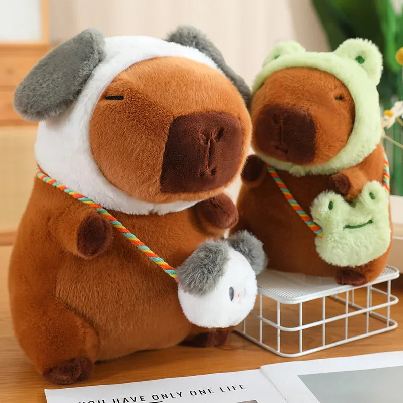 Capybara With Animal (Frog/Rabbit/Dinosaur/Dog) Hat and Bag Plush Toys 25/35/50cm