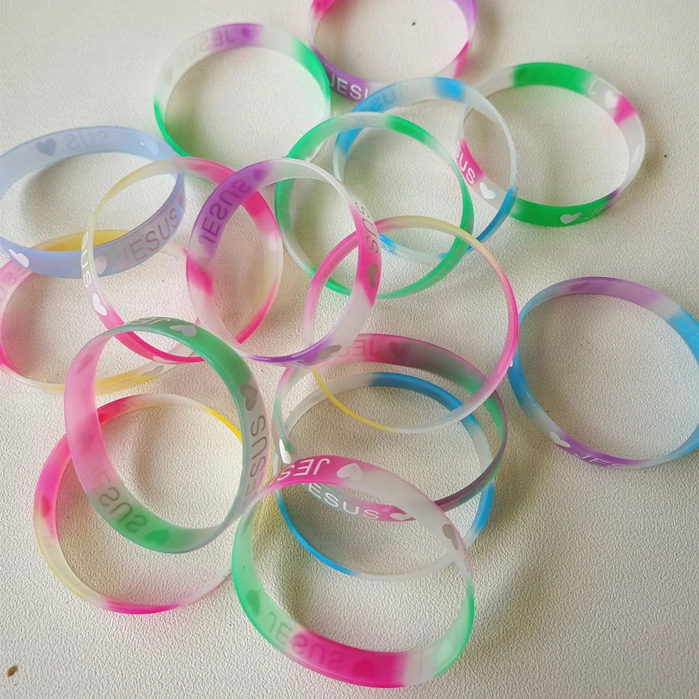 20 Pcs Christian Silicone Bracelets(Hand Wristband) - Rubber Band/NIght Glow (Mix Colours) -2