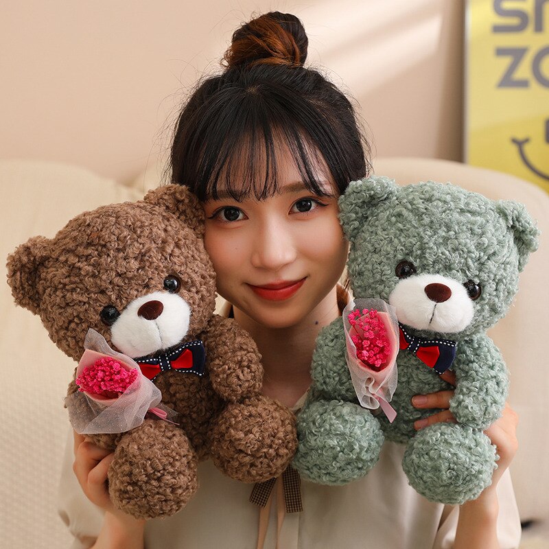 Teddy Bear With Bow Tie And Flower Plush Toys 25cm - Dark Brown/Green/Pink/Light Brown