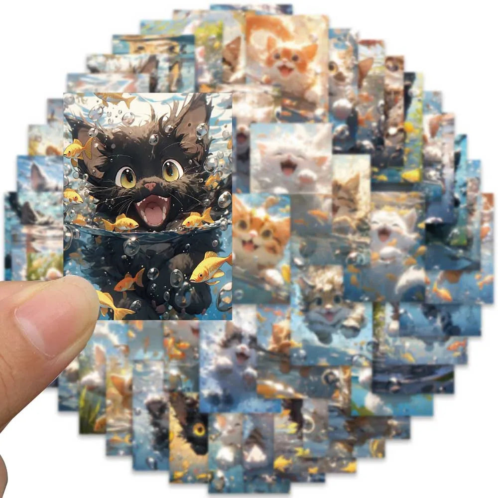 50 pcs Cute/Kawaii Swimming Cat Stickers