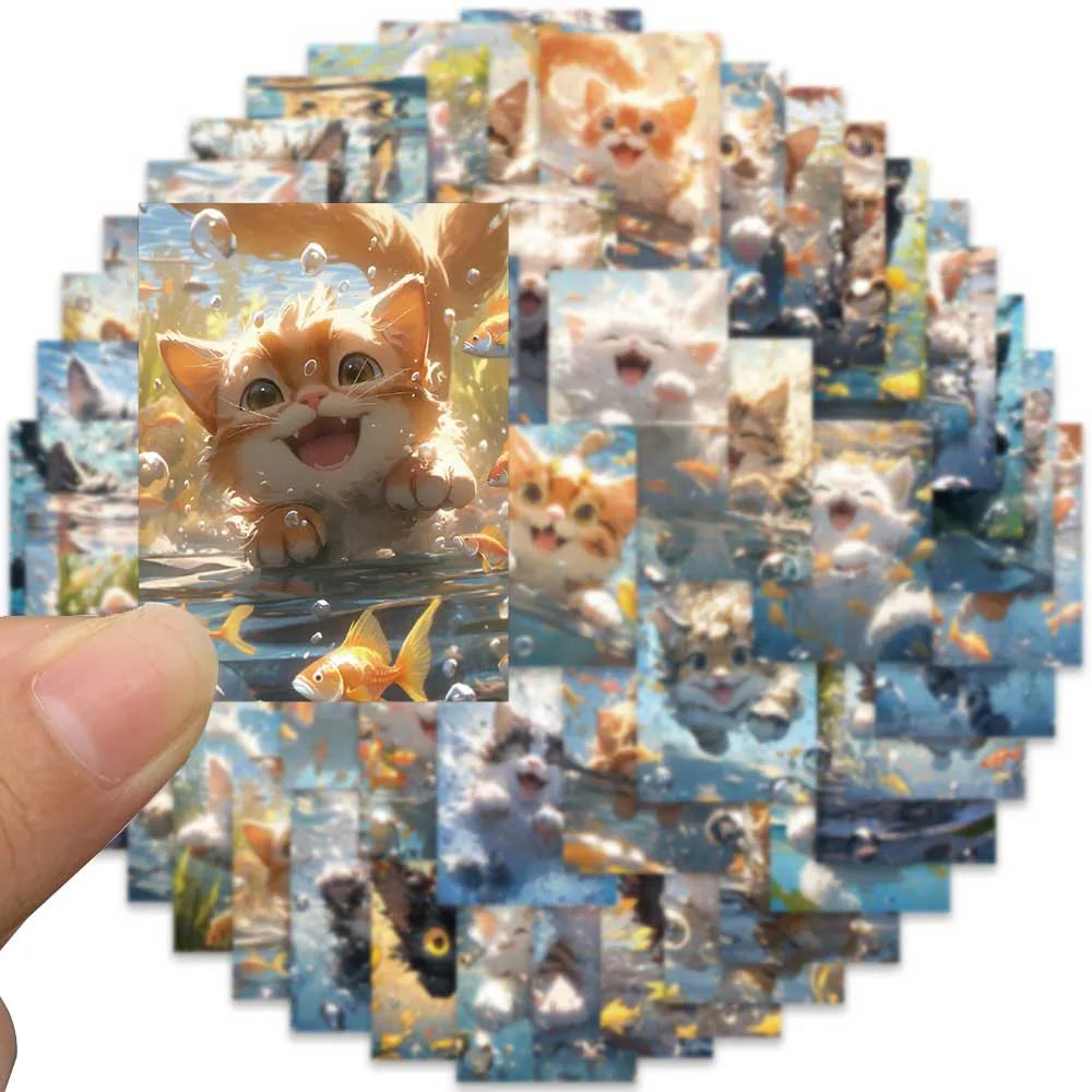 50 pcs Cute/Kawaii Swimming Cat Stickers