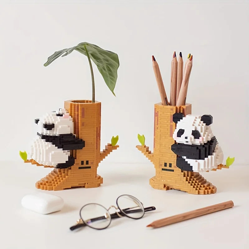 Cute Panda With Tree Pen Holder Mini Building Blocks