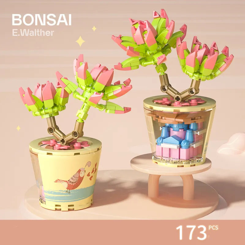 Flower Bouquet In Pot With Bonsai Style Mini Building Blocks - 10 Styles