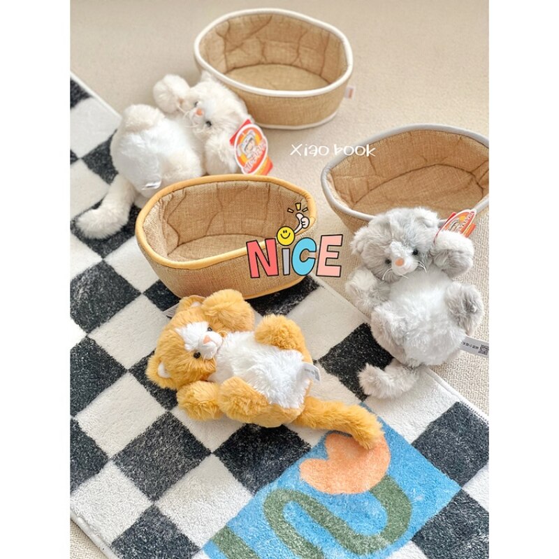 Cat/Kitten In Basket Plush Toys 21cm - Yellow/White/Grey