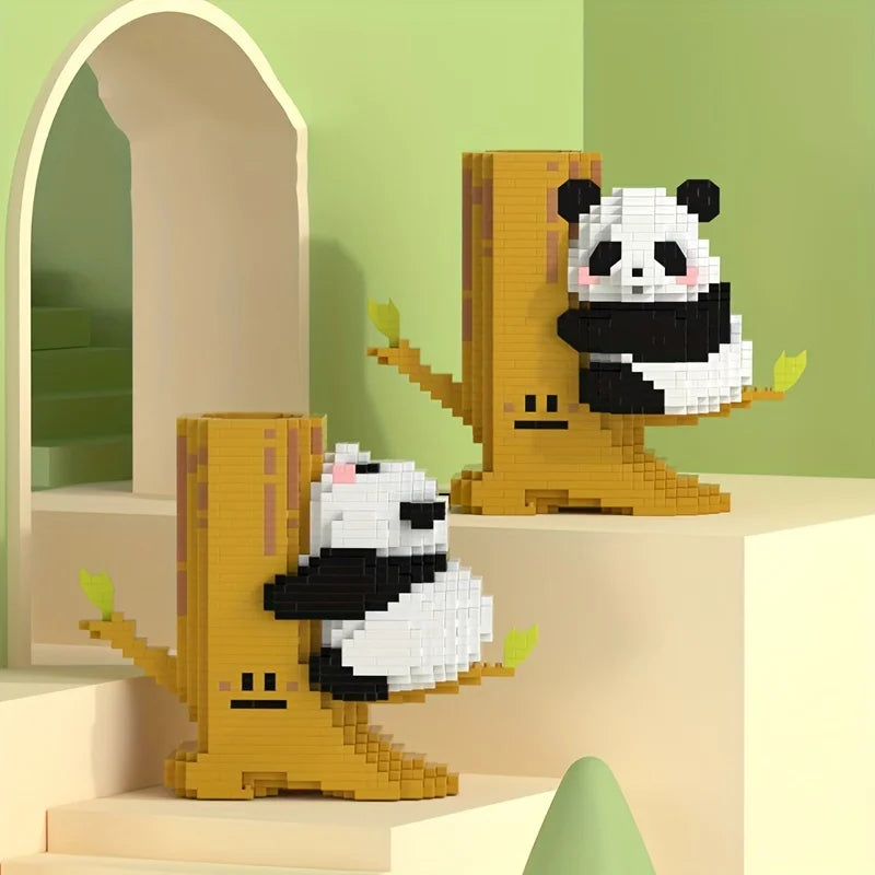 Cute Panda With Tree Pen Holder Mini Building Blocks