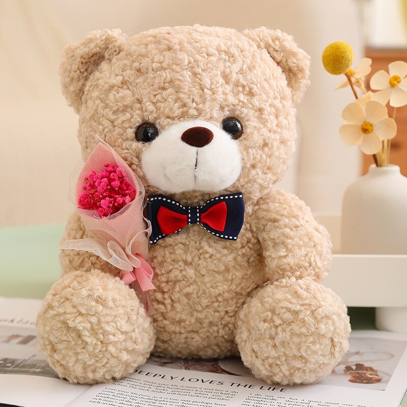 Teddy Bear With Bow Tie And Flower Plush Toys 25cm - Dark Brown/Green/Pink/Light Brown