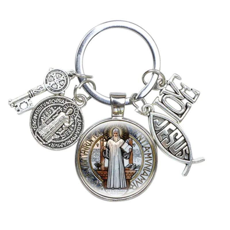 Keychain With Saint Benedict Medallion, Jesus Fish Sign and Other charms - 10 Choices