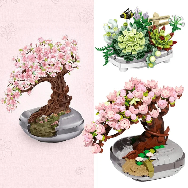 Tree With Flowers (Cherry Blossom) / Succulents In Bonsai Style Mini Building Blocks - 2 Styles