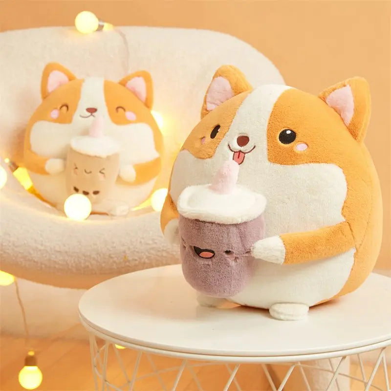 Cute Round Corgi Dog With Milk Tea Plush Toys 30cm - 2 Styles