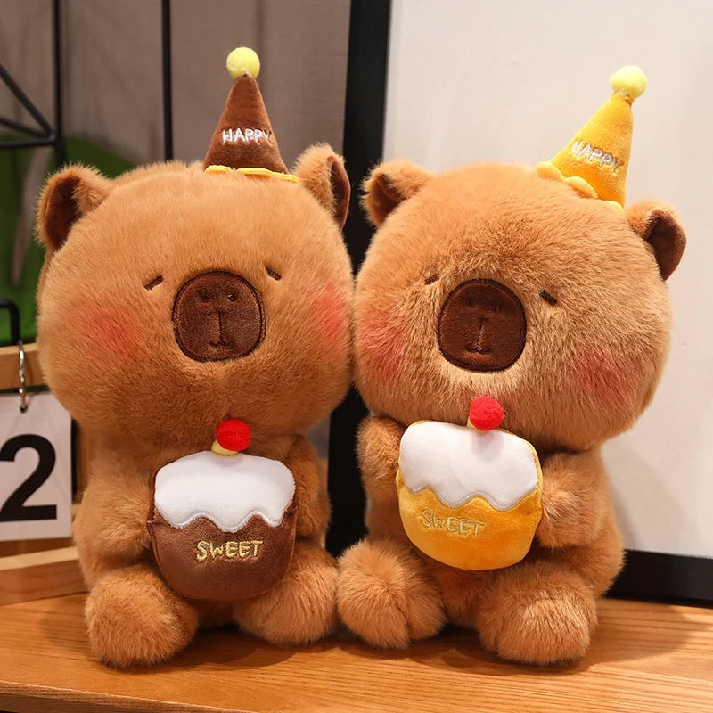 Cute White Bear/Capybara With Happy Birthday Hat And Cake Plush Toys 22cm - 4 Styles