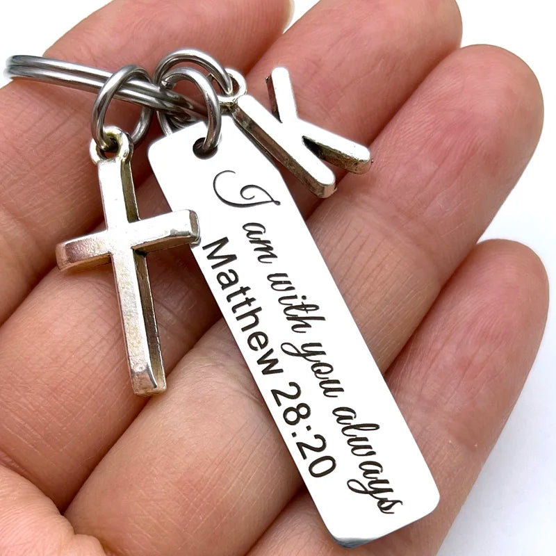 Keychain With The Bible Verse ("I am with you always" Matthew 28: 20) With Alphabet Letter