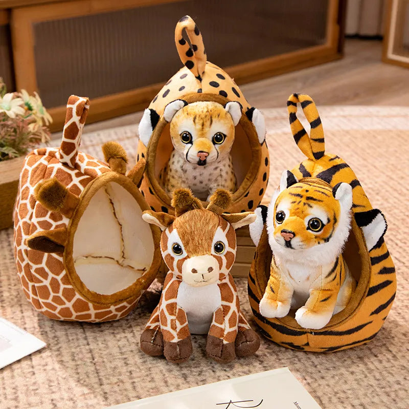 Animal (Lion/Tiger/Leopard/Giraffe) Lifelike Plush Toys With House 18cm - 5 Styles