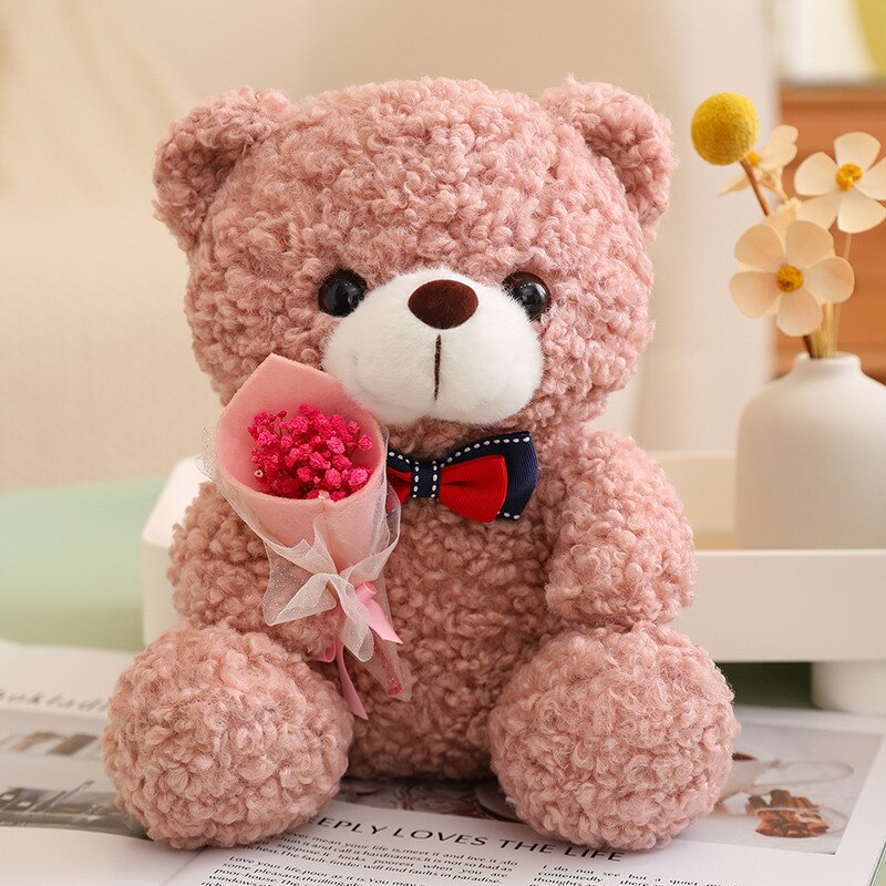 Teddy Bear With Bow Tie And Flower Plush Toys 25cm - Dark Brown/Green/Pink/Light Brown