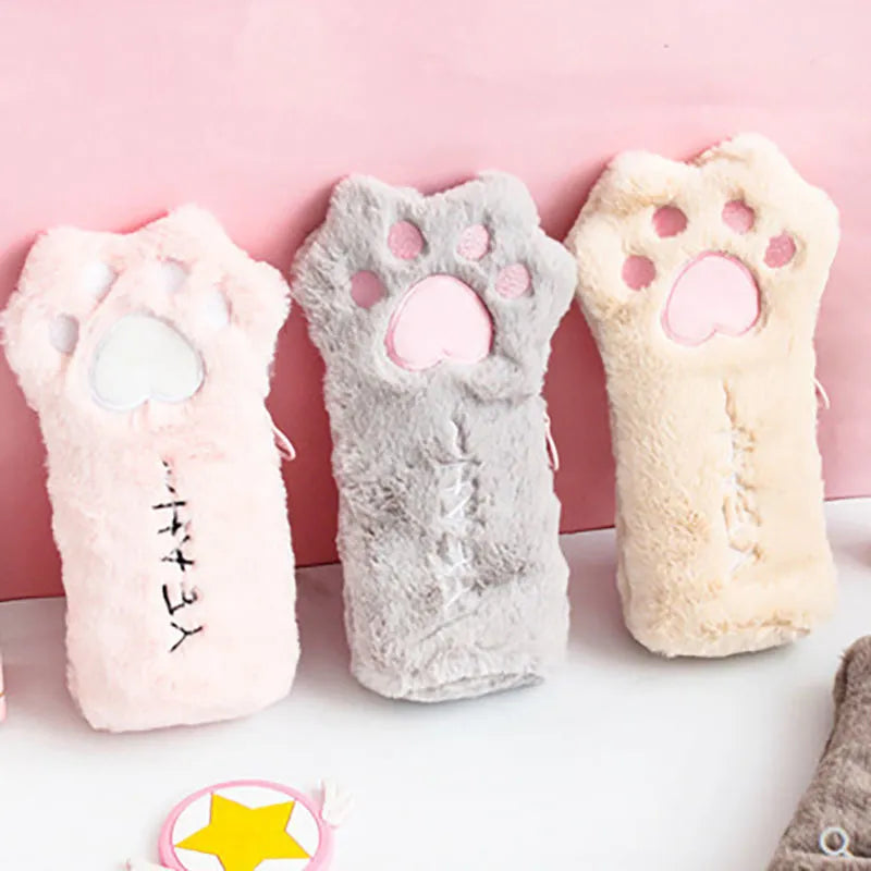 Cute Cat Paw Pencil Plush Bag (Pink/Grey/Brown) - 4 Styles