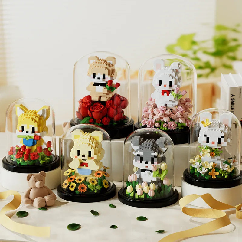 Cute Animal With Flowers and Clear Display Set Mini Building Blocks - 6 Styles