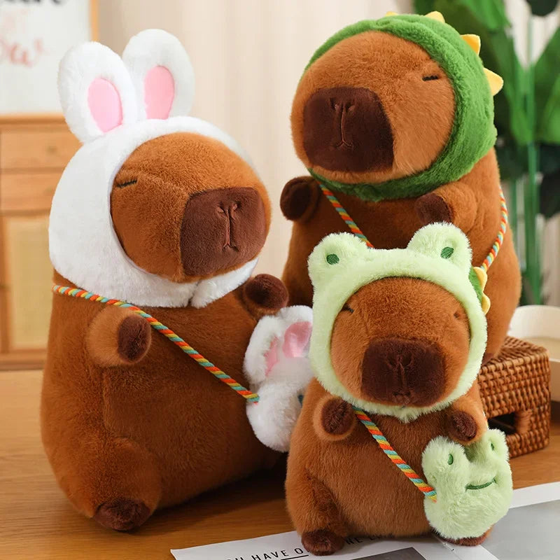 Capybara With Animal (Frog/Rabbit/Dinosaur/Dog) Hat and Bag Plush Toys 25/35/50cm