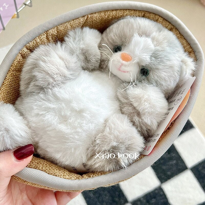 Cat/Kitten In Basket Plush Toys 21cm - Yellow/White/Grey