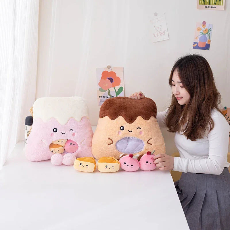 A Bag of 6 pcs Food (Pudding) Mini Plushies Pillow Plush Toys 40cm - Pink/Brown