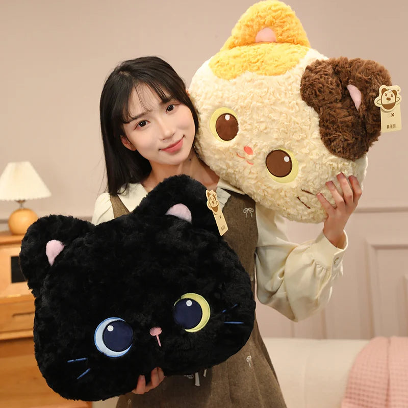 Cute Round Cat Plush Pillow Toys 33x 40cm - Black/Calico