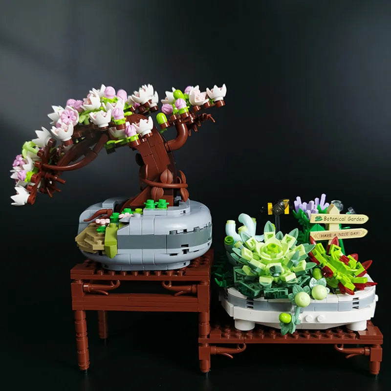 Tree With Flowers (Cherry Blossom) / Succulents In Bonsai Style Mini Building Blocks - 2 Styles