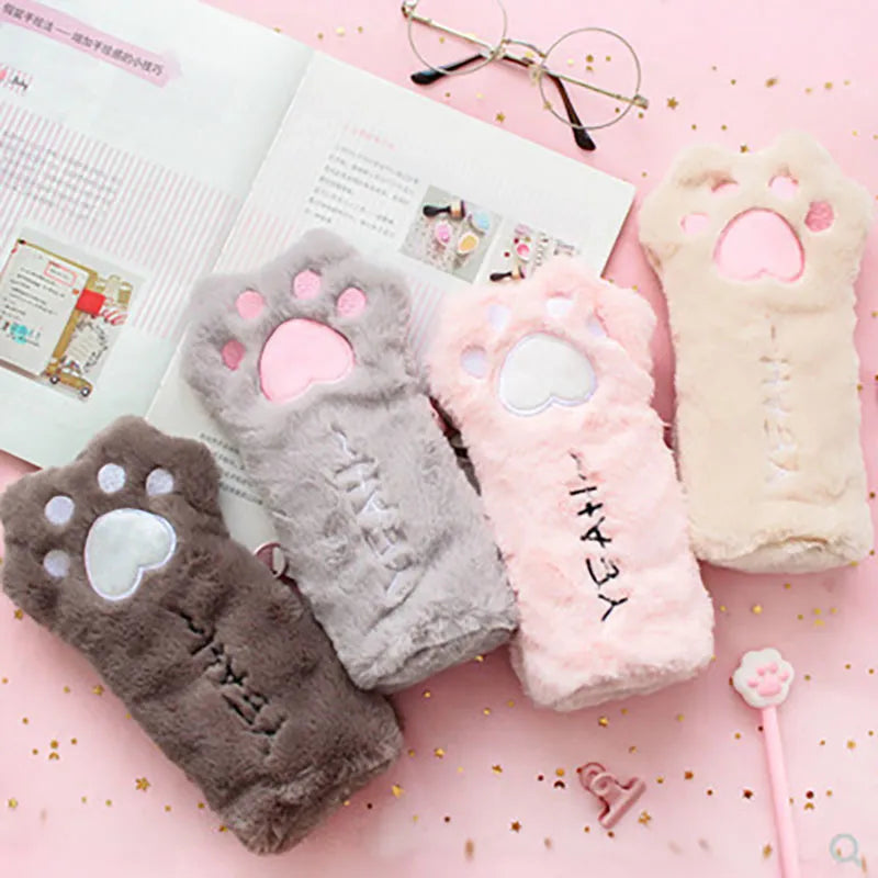 Cute Cat Paw Pencil Plush Bag (Pink/Grey/Brown) - 4 Styles