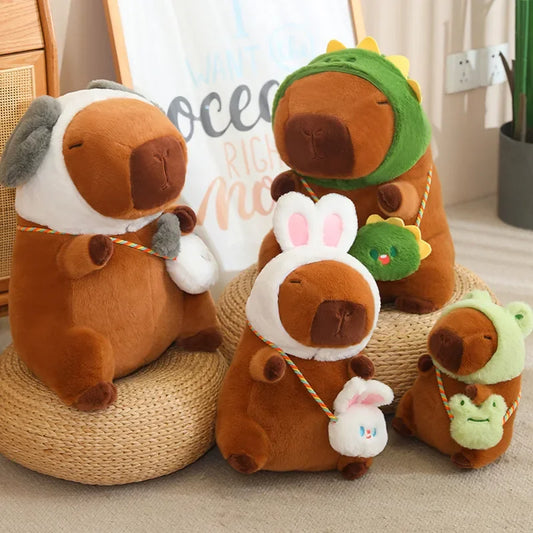 Capybara With Animal (Frog/Rabbit/Dinosaur/Dog) Hat and Bag Plush Toys 25/35/50cm