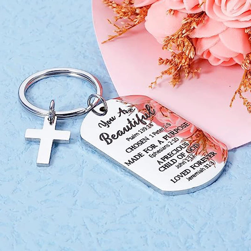 Keychain With The Bible Verse With Cross (Engraved Stainless Steel)