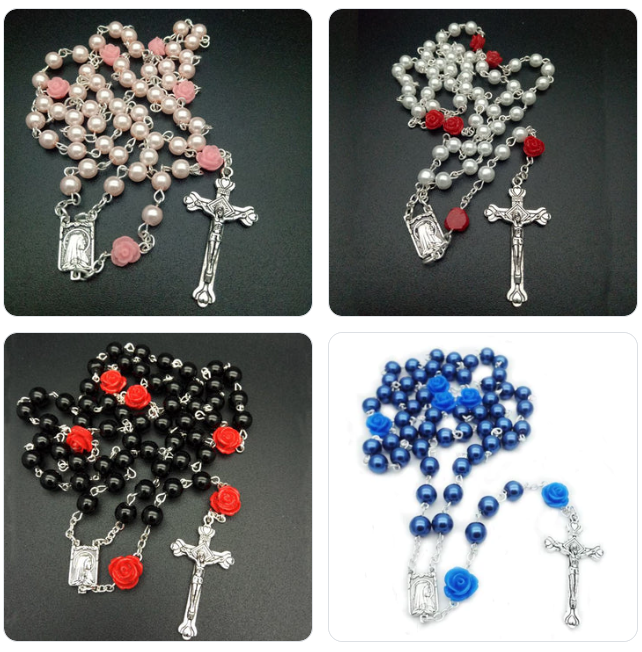 Rosary (QIGO Glass Pearl Beads With Rose Shaped Resin Beads) 70cm - Pink/White/Blue/Red/Black/Purple