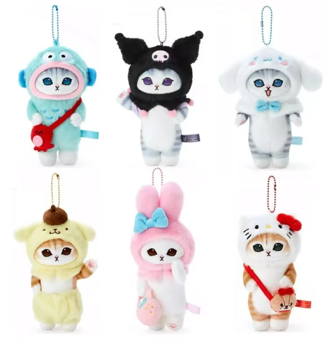 Mofusand Cat With Sanrio (Kuromi/My Melody/Cinnamonroll/Pom Pom Purin/Hello kItty/Hangyodon) Dress Up Plush Keychains- 6 Styles