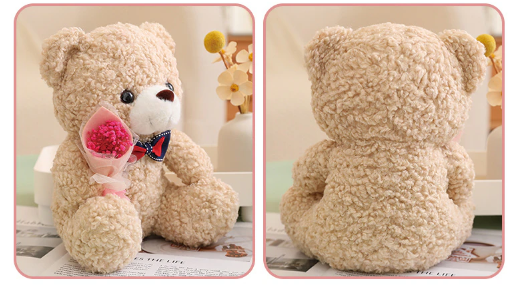 Teddy Bear With Bow Tie And Flower Plush Toys 25cm - Dark Brown/Green/Pink/Light Brown